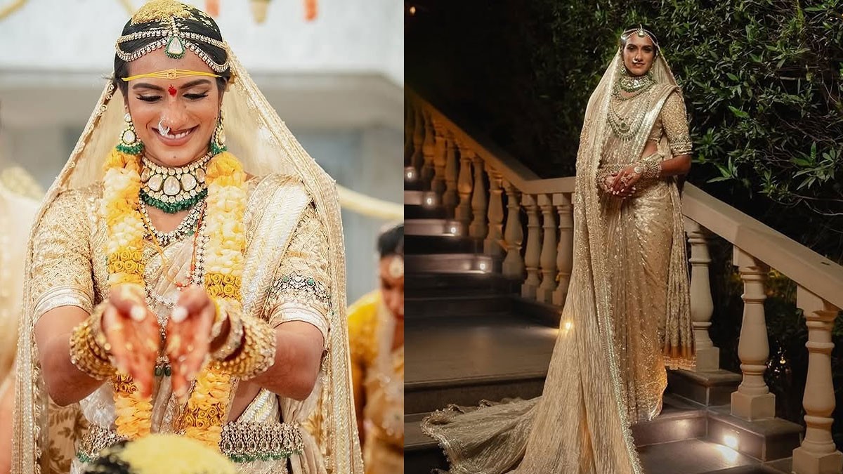 PV Sindhu Shines in Golden Bridal Attire, Defining Bridal Perfection PV Sindhu Shines in Golden Bridal Attire, Defining Bridal Perfection