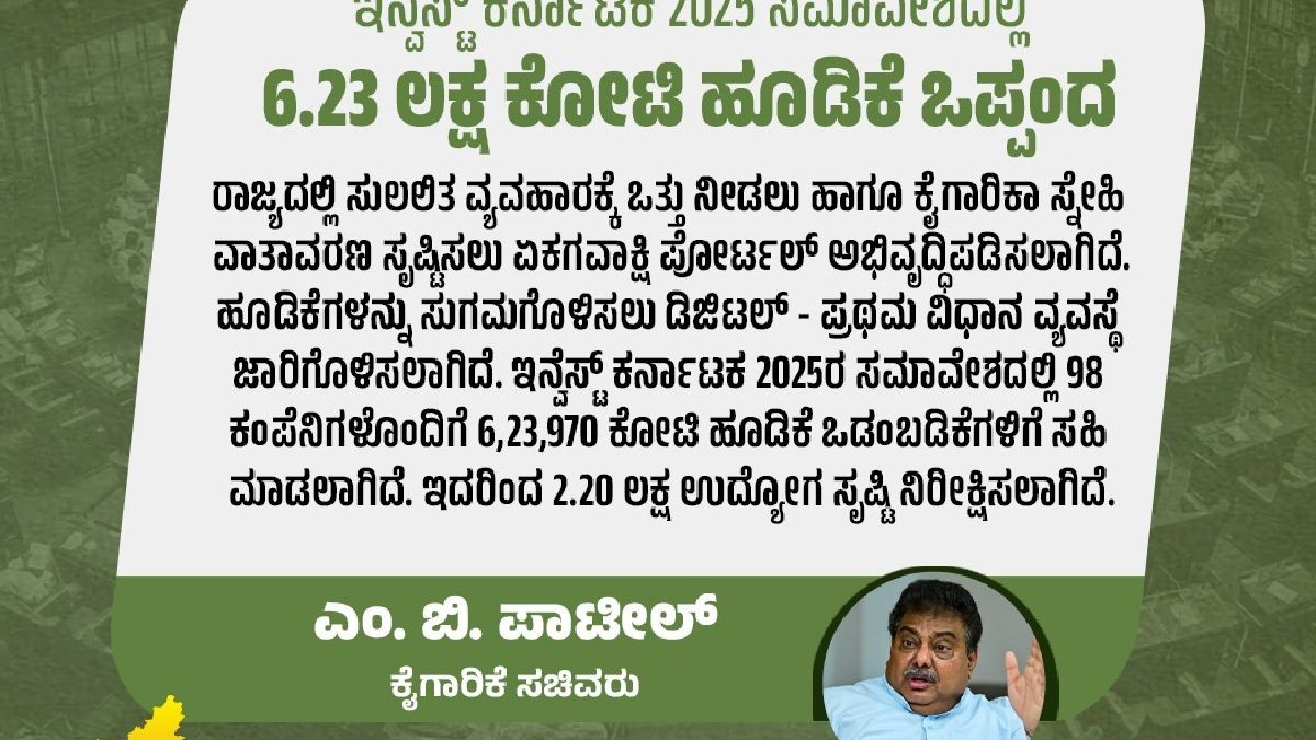 ಇನ್ವೆಸ್ಟ್ ಕರ್ನಾಟಕ 2025: ₹6.23 ಲಕ್ಷ ಕೋಟಿ ಹೂಡಿಕೆ ಒಡಂಬಡಿಕೆ, 2.20 ಲಕ್ಷ ಉದ್ಯೋಗ ನಿರೀಕ್ಷೆ