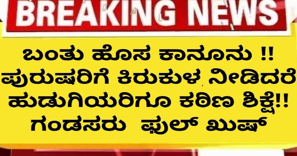 ಬಂತು ಹೊಸ ಕಾನೂನು !! ಪುರುಷರಿಗೆ ಕಿರುಕುಳ ನೀಡಿದರೆ ಹುಡುಗಿಯರಿಗೂ ಕಠಿಣ ಶಿಕ್ಷೆ!! ಗಂಡಸರು  ಫುಲ್ ಖುಷ್