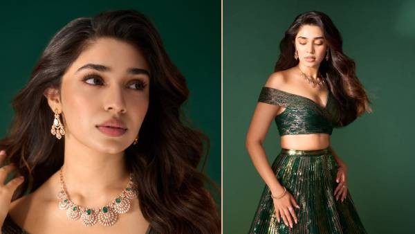 Krithi Shetty Shines in Metallic Green Gown with Elegant Gold Accents