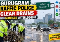 Gurugram Traffic Police Clear Drains Amid Manesar Waterlogging After Heavy Rain