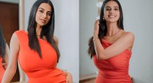 Actress Meenakshi Chaudhary Stuns in Orange Bodycon Outfit