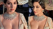 Nora Fatehi Shines in Regal Ivory Ensemble by Abu Jani Sandeep Khosla