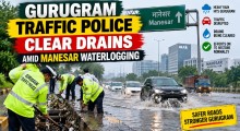 Gurugram Traffic Police Clear Drains Amid Manesar Waterlogging After Heavy Rain