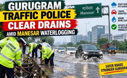 Gurugram Traffic Police Clear Drains Amid Manesar Waterlogging After Heavy Rain