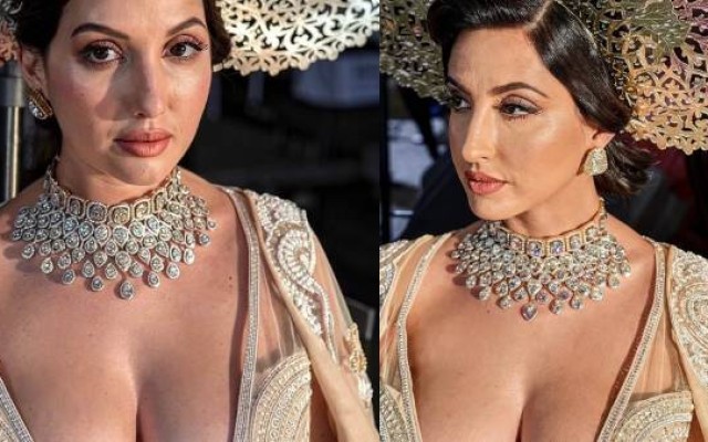 Nora Fatehi Shines in Regal Ivory Ensemble by Abu Jani Sandeep Khosla